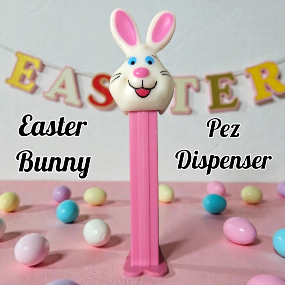 1 Vtg 98 PEZ Easter Bunny Rabbit Pink White Footed Candy Dispenser
